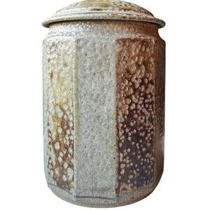 Signed Ceramic Lidded Jar With Textured Glaze Finish - Rustic Brown & Beige VztG